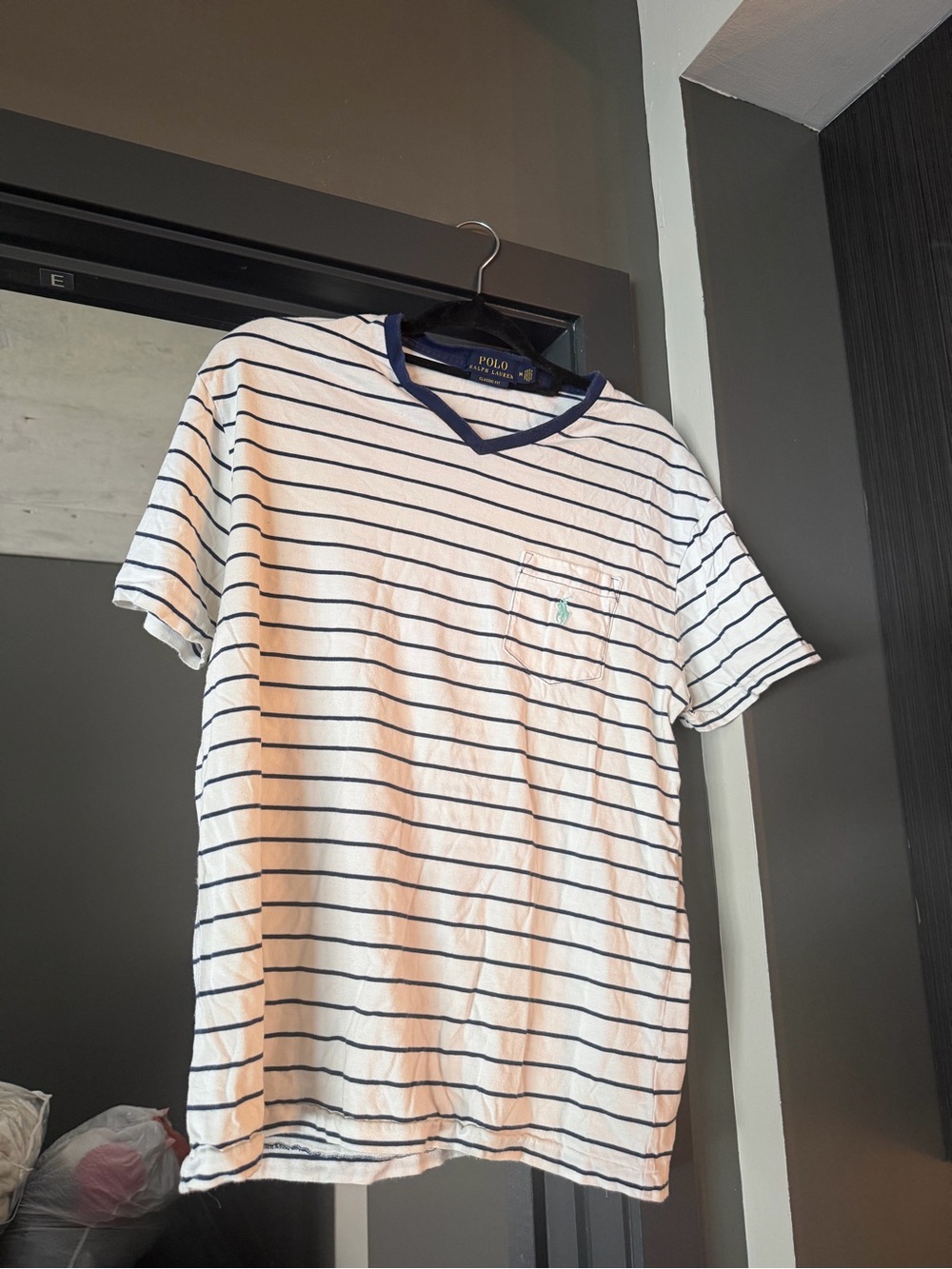 Ralph Lauren White & Navy Striped V-Neck Pocket Tee